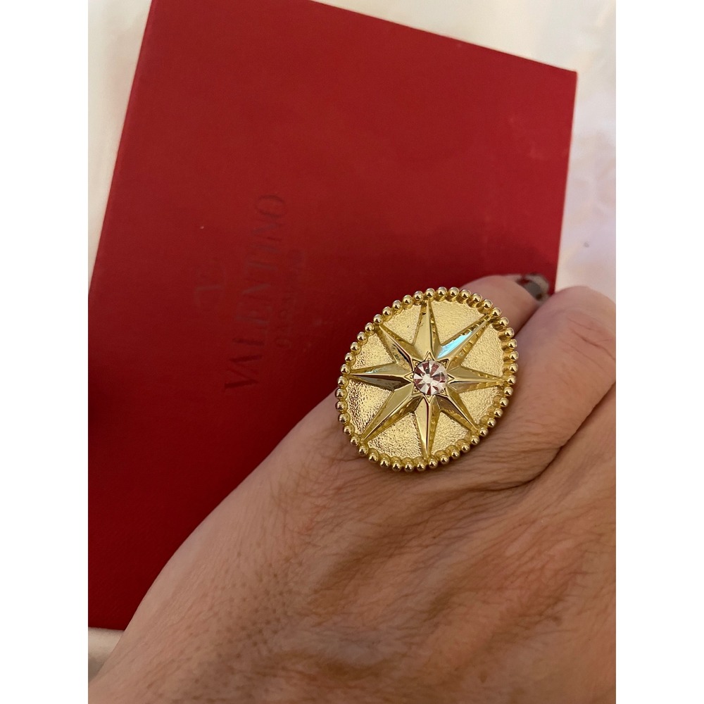 IOAKU Gold Tone Compass Starburst Oval Statement Ring Pink Center Stone Adjutabl